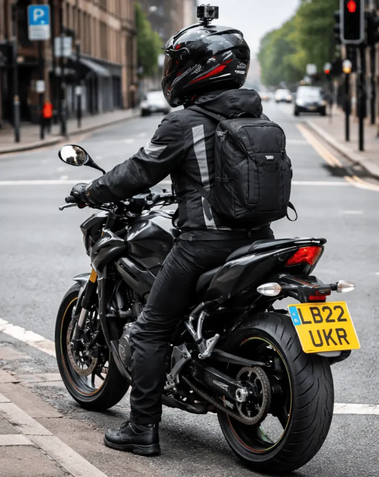 Short rider confidently flat-footing a motorcycle at a road junction UK